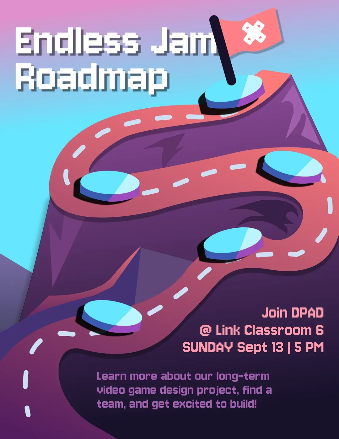 “Endless Jam Roadmap” poster — a winding road up a purple mountain to a flag