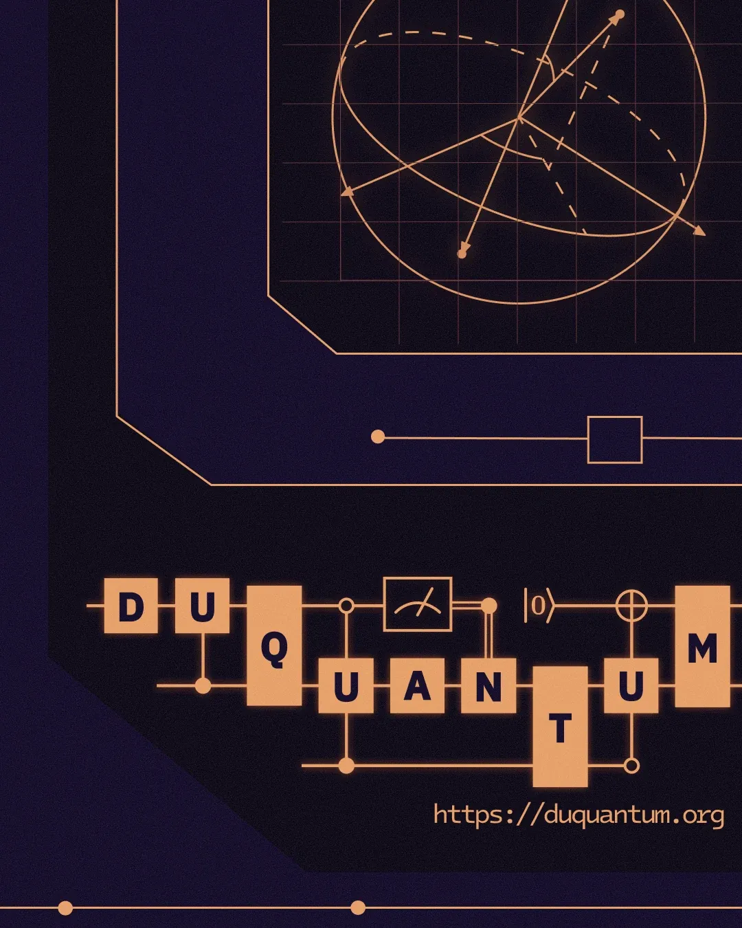 DuQuantum logo drawn as a quantum circuit, with a Bloch sphere above