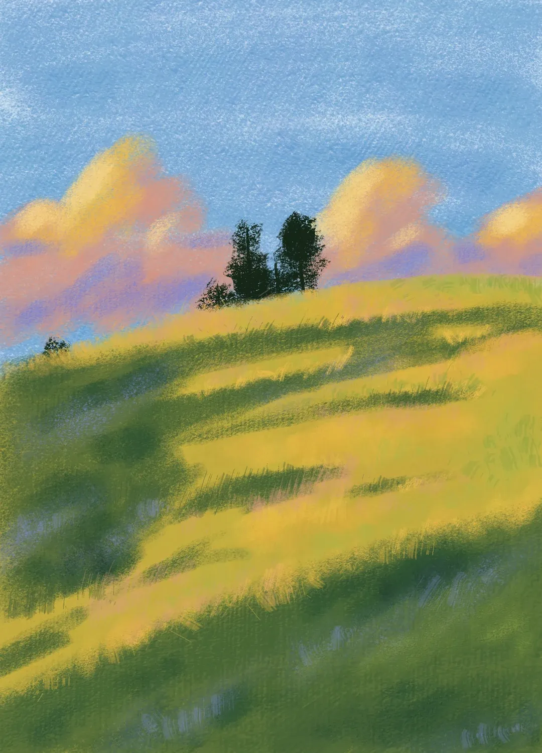 Painting of a sunlit grassy hill with trees and pink-tinged clouds