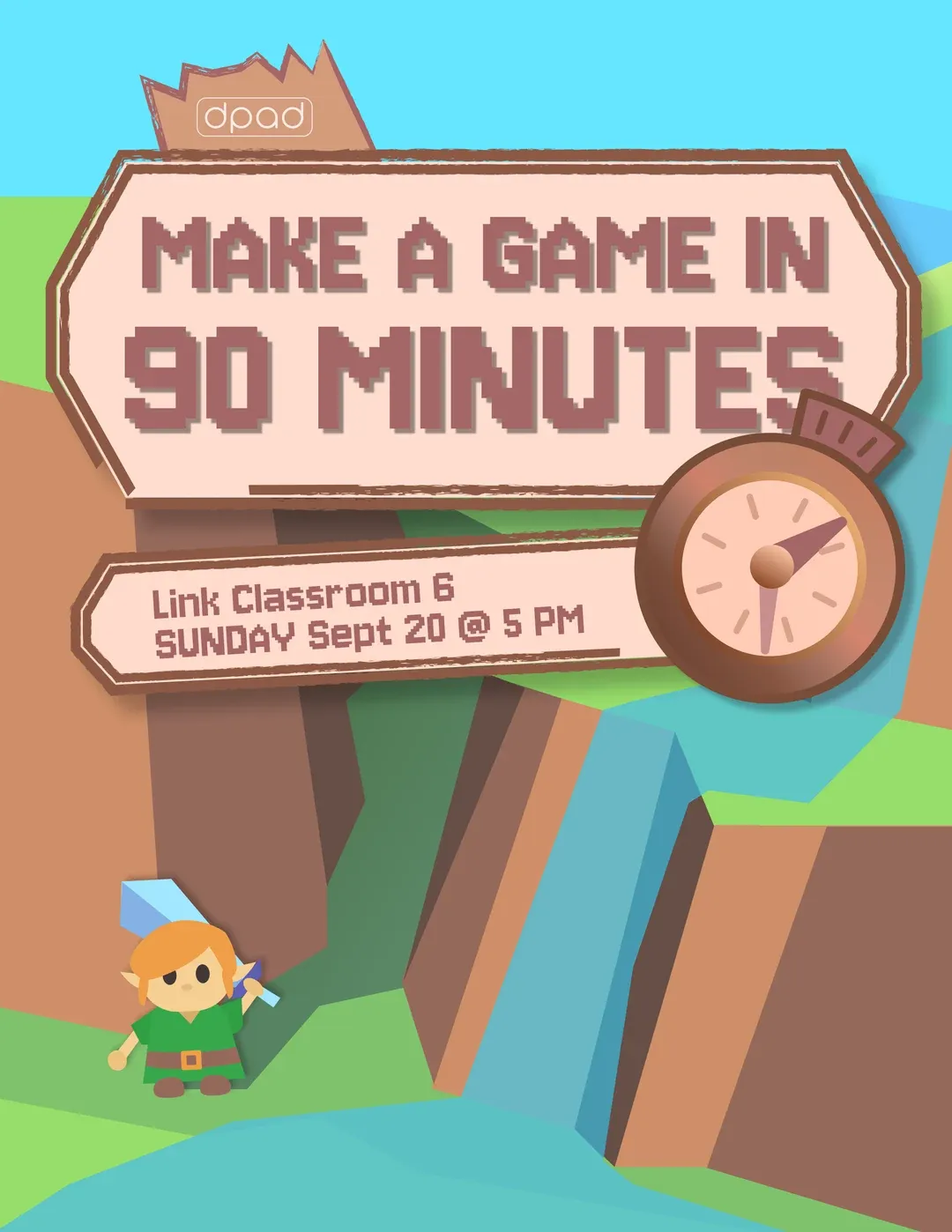 “Make a Game in 90 Minutes” poster with a pixel-art hero and a stopwatch