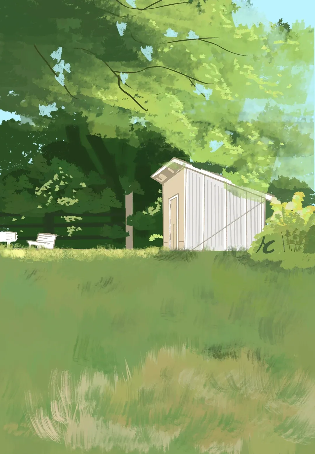 Painting of a small white shed under leafy trees at the edge of a meadow