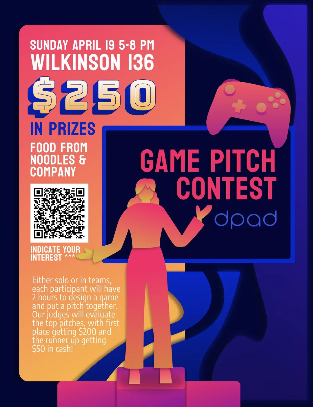 Game Pitch Contest poster — $250 in prizes, a figure presenting on stage
