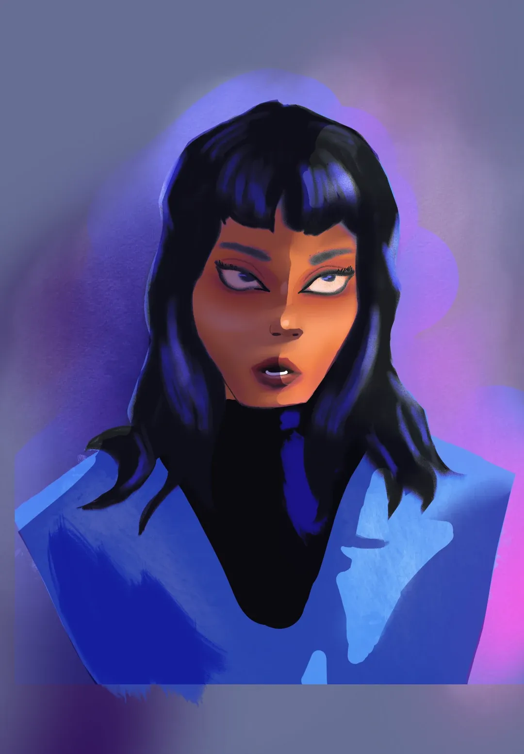 Portrait of a dark-haired woman in blue against a glowing purple background