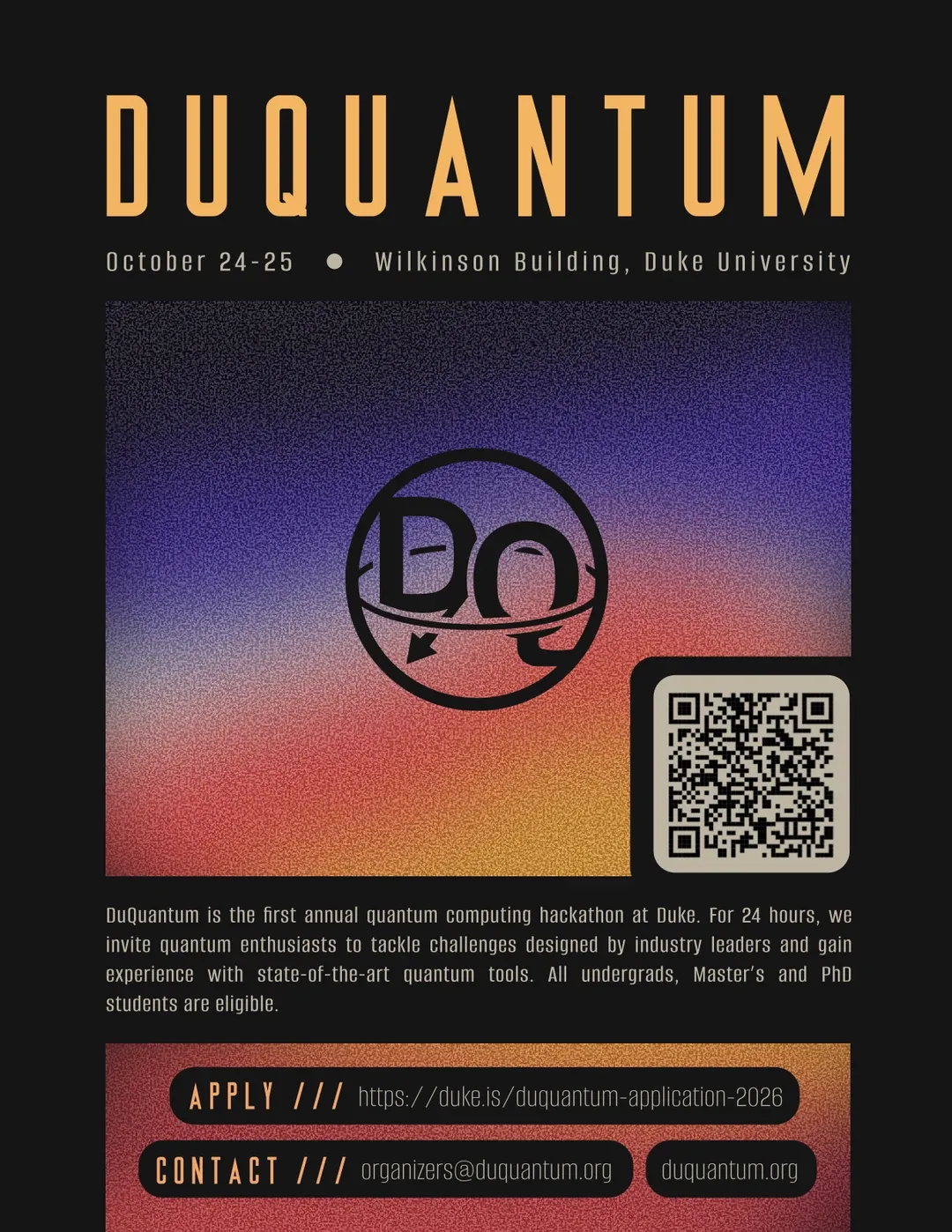 DuQuantum flyer with a gradient logo panel, QR code, and apply and contact links
