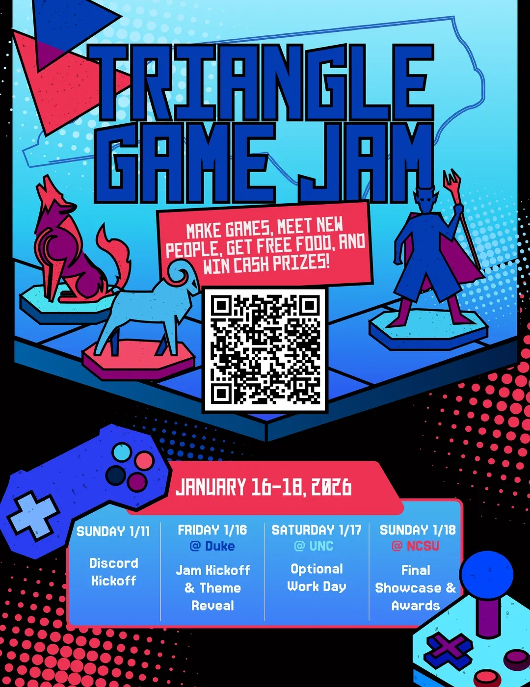 Triangle Game Jam poster with a QR code and the January 16–18, 2026 schedule