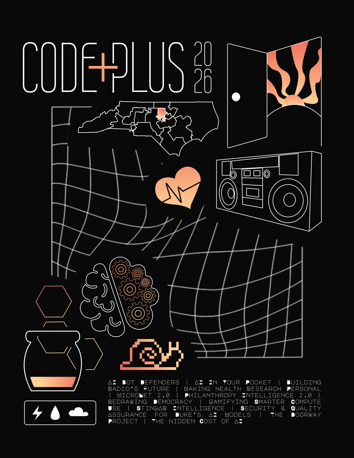 Code+Plus 2026 tee, back — full illustrated design with event list