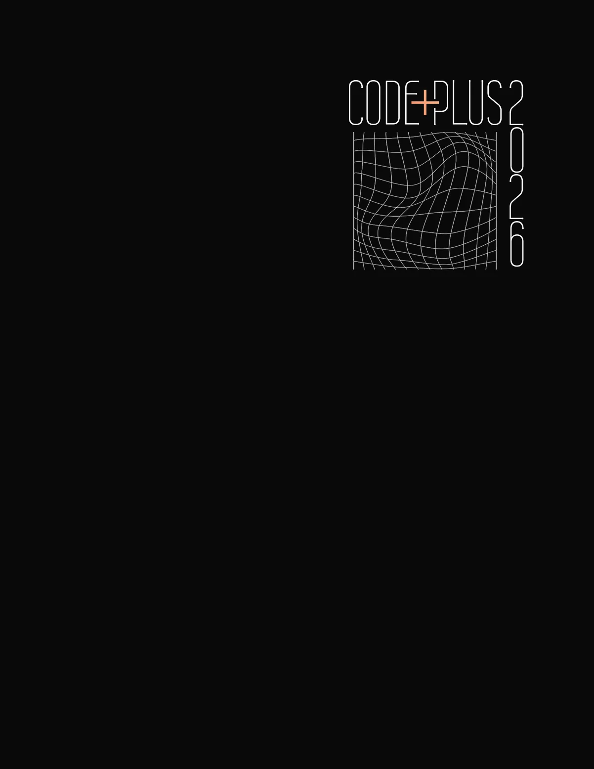 Code+Plus 2026 tee, front — small chest logo on black