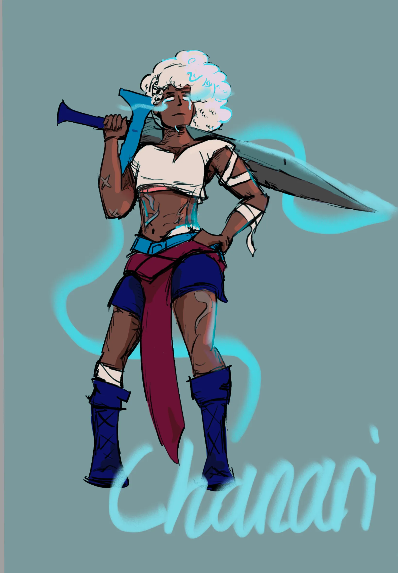 Character illustration of Cha'Nari, hair damp, resting a greatsword on her shoulder