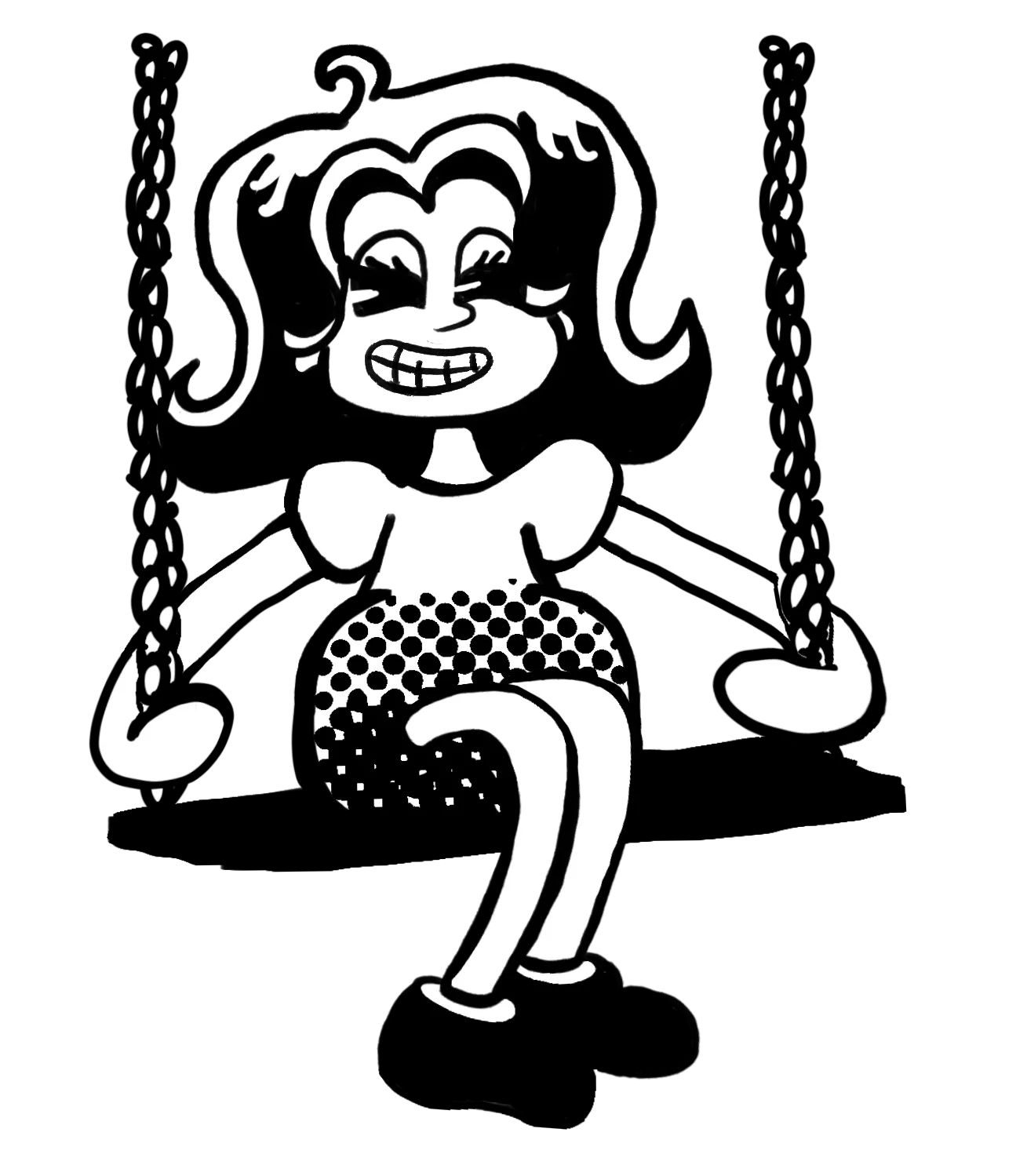 Line drawing of Makenna grinning on a swing