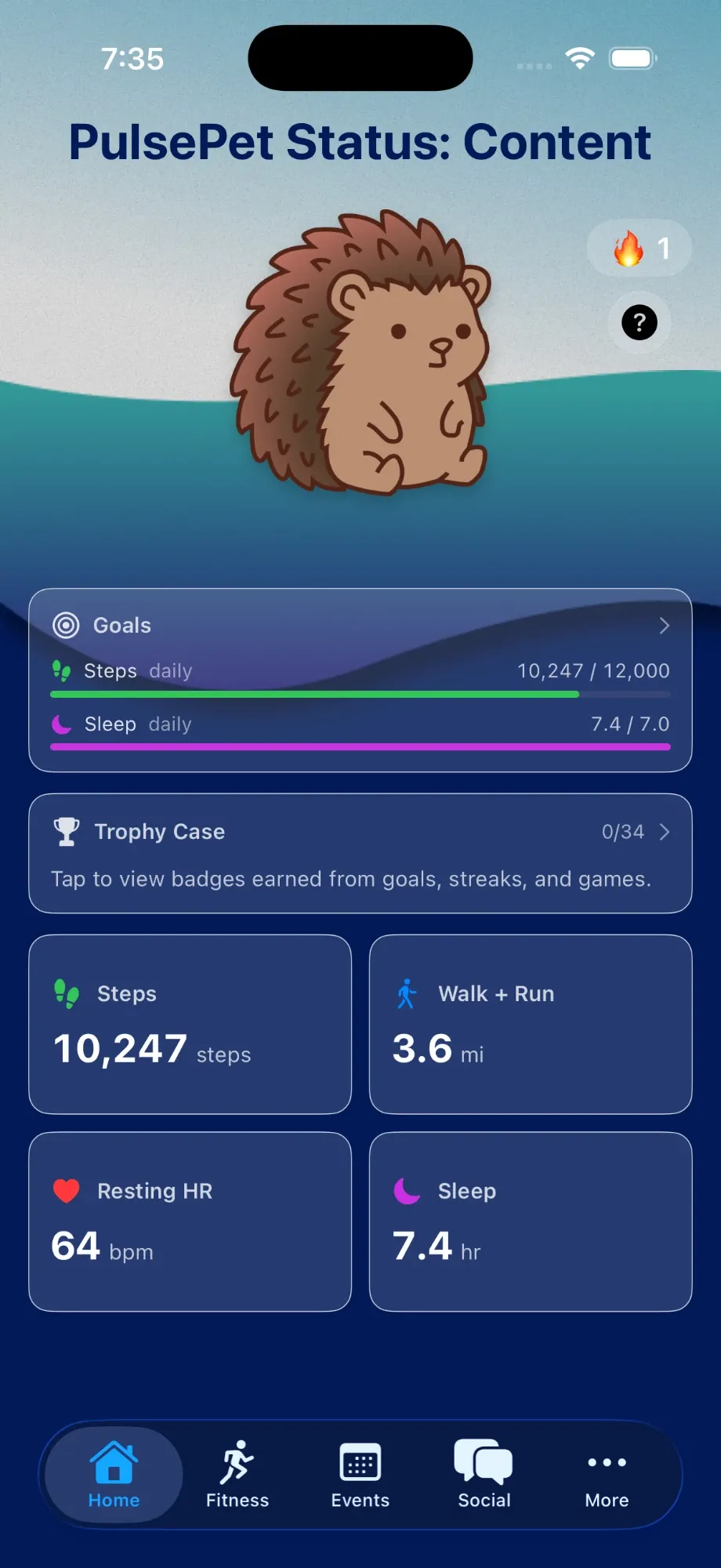 Redesigned Pulse home screen: the PulsePet hedgehog above goal progress, the trophy case, and health stat cards