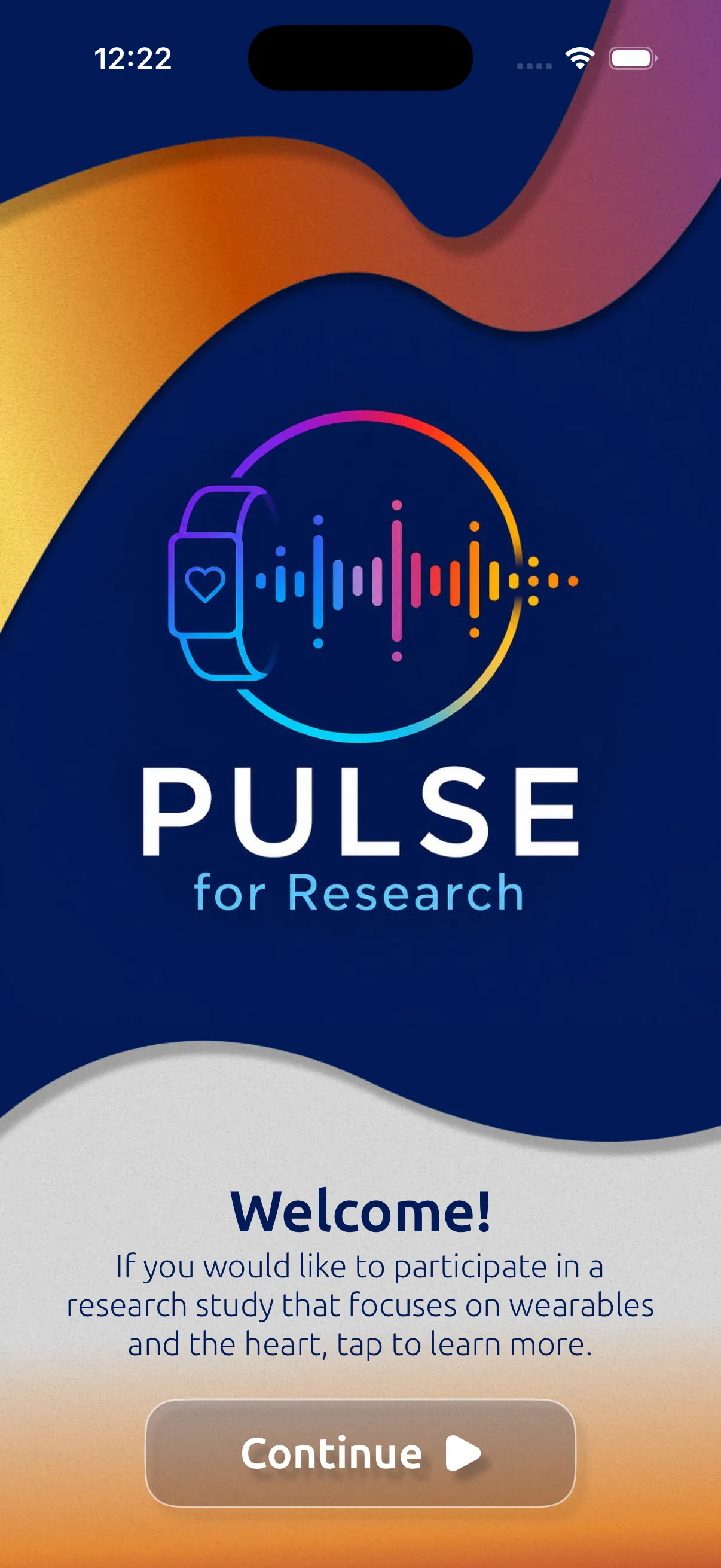 Pulse for Research welcome screen with the branded gradient and a Continue button