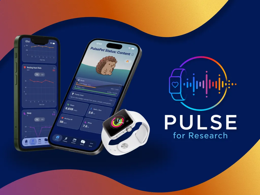 Pulse for Research app screens on phone and watch