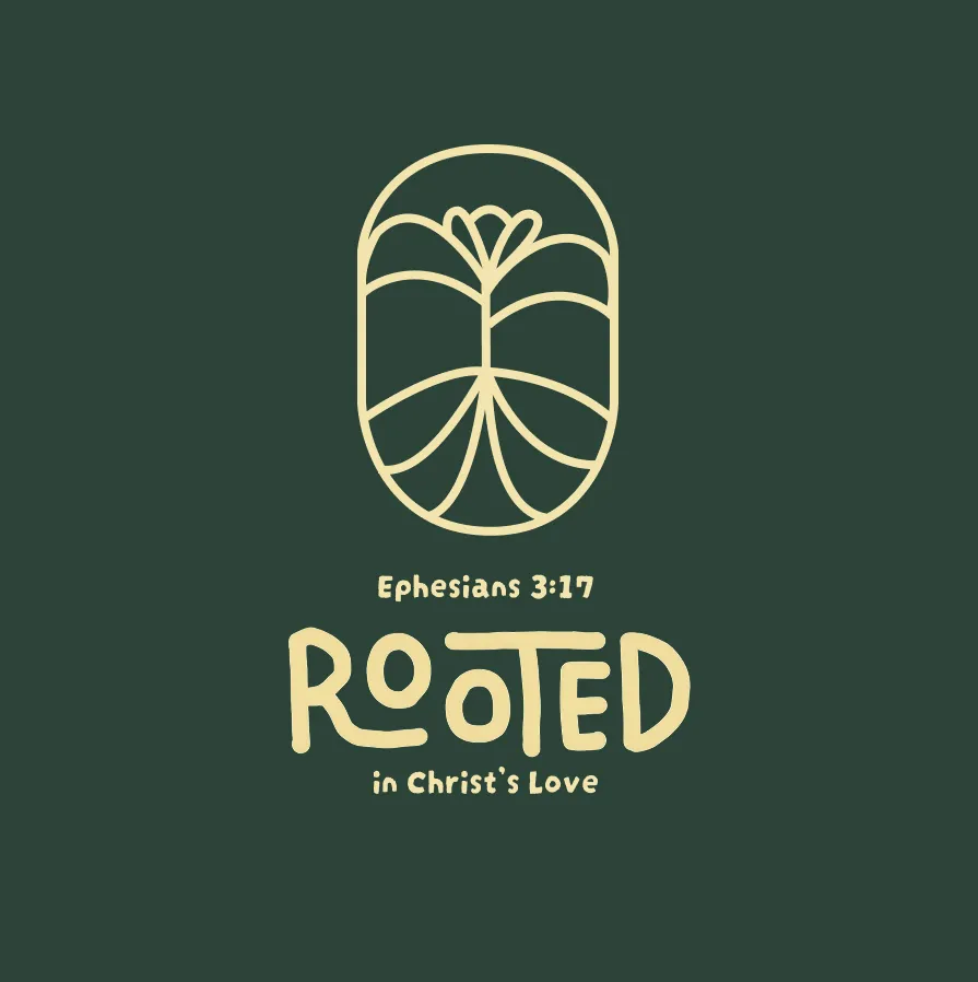 Rooted in Christ's Love tee design, tree emblem on green