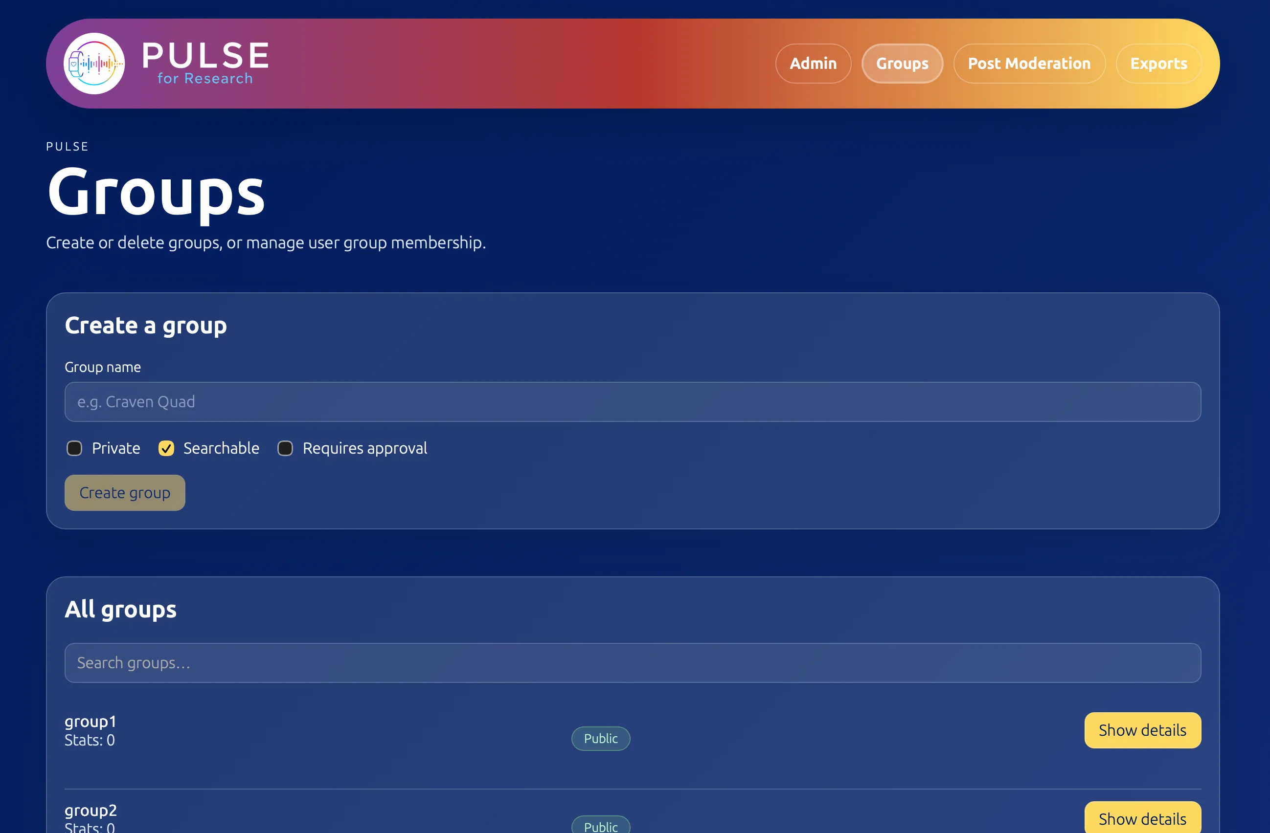 Pulse admin portal — Groups management screen