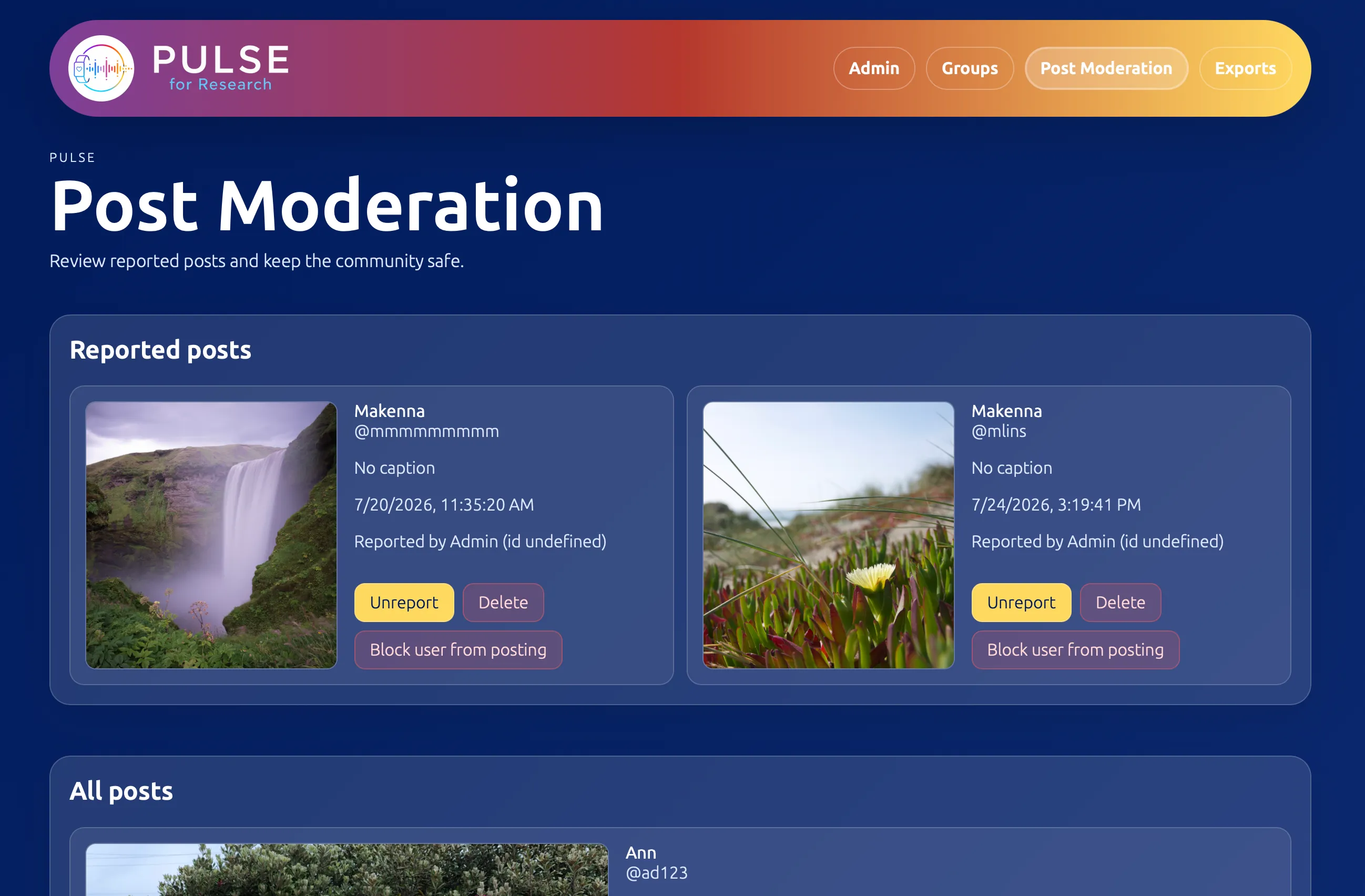 Pulse admin portal — Post Moderation screen